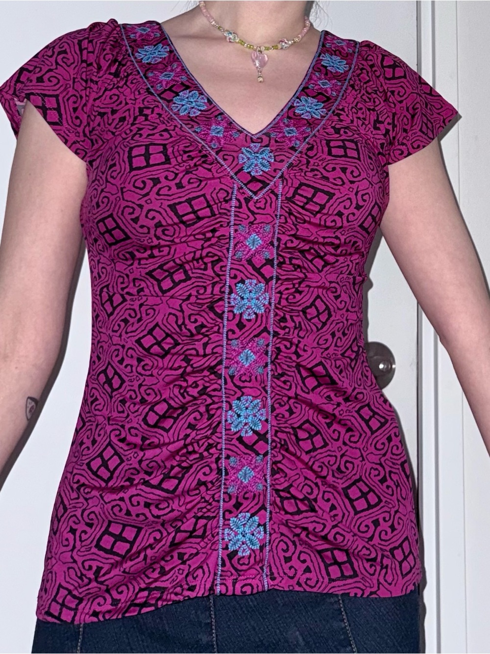 INC International Concepts Magenta V-Neck Tee with Blue Floral Embroidery